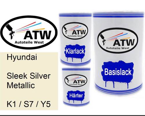 Hyundai, Sleek Silver Metallic, K1 / S7 / Y5: 500ml Lackdose + 500ml Klarlack + 250ml Härter - Set, von ATW Autoteile West.